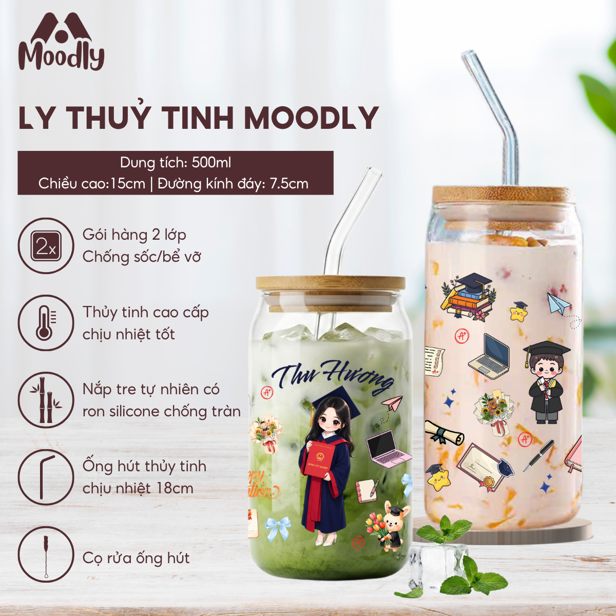 Ly Thuỷ Tinh 𝑴𝒐𝒐𝒅𝒍𝒚 Congraduation Quả Dáng Lon Chịu Nhiệt Kèm Ống Hút Và Nắp Gỗ Thể Tích 500ml, Quà Tặng Mừng Tốt Nghiệp