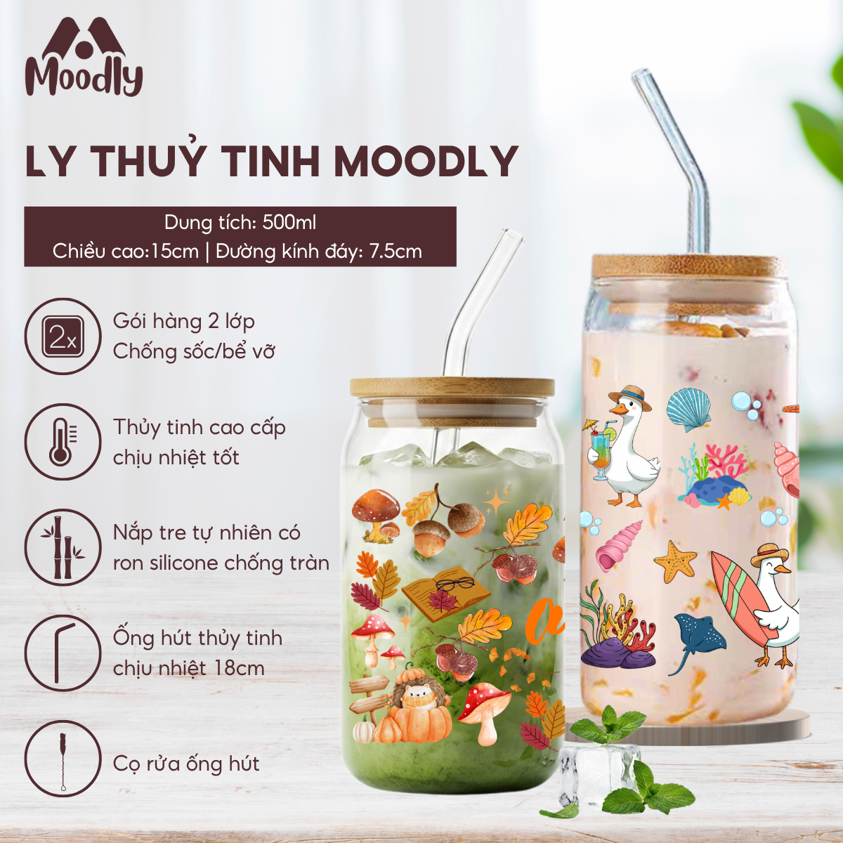 Ly Thuỷ Tinh 𝑴𝒐𝒐𝒅𝒍𝒚 Bốn Mùa Dáng Lon Chịu Nhiệt Kèm Ống Hút Và Nắp Gỗ Thể Tích 500ml, Ly Thủy Tinh Làm Quà Tặng