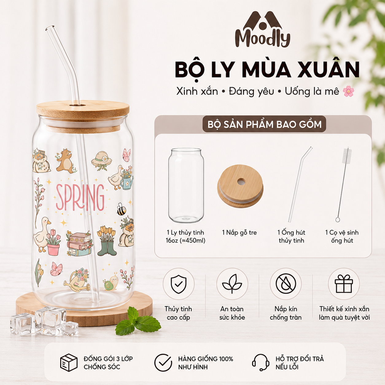 Ly Thủy Tinh MOODLY Mùa Xuân 16Oz, Cốc Thủy Tinh Chịu Nhiệt Cao Cấp Có Nắp Tre
