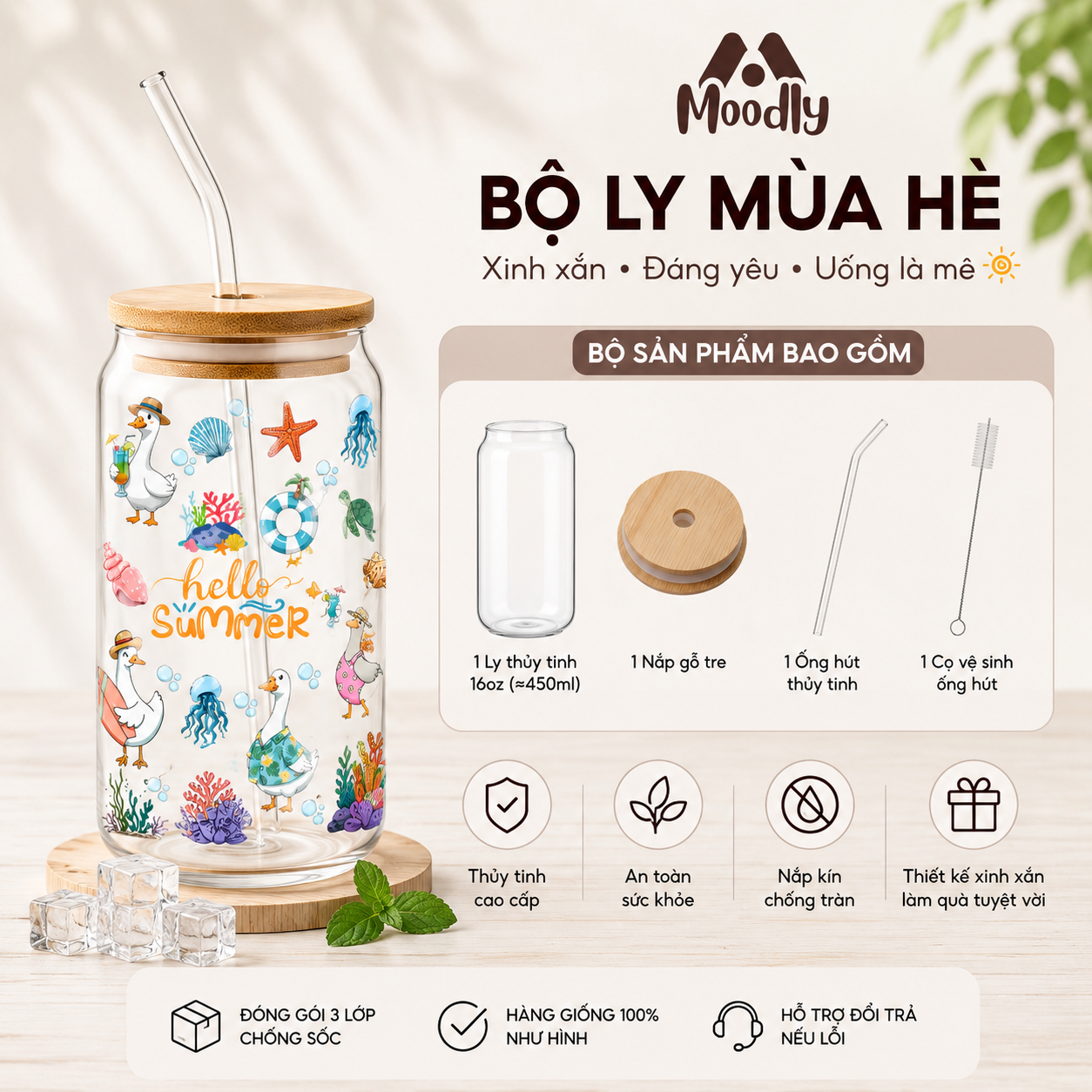 Ly Thủy Tinh MOODLY Mùa Hạ 16Oz, Cốc Thủy Tinh Chịu Nhiệt Cao Cấp Có Nắp Tre