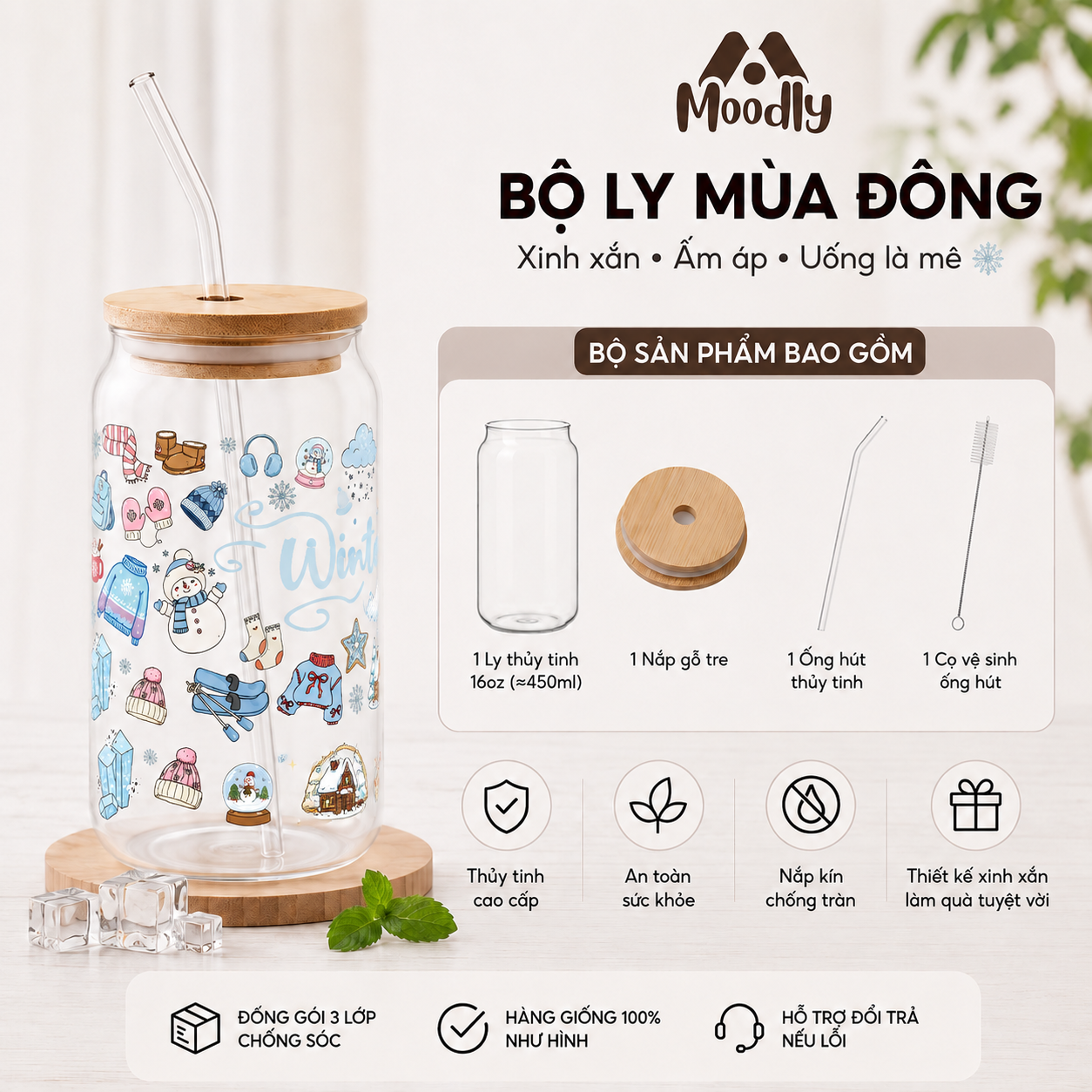Ly Thủy Tinh MOODLY Mùa Đông 16Oz, Cốc Thủy Tinh Chịu Nhiệt Cao Cấp Có Nắp Tre