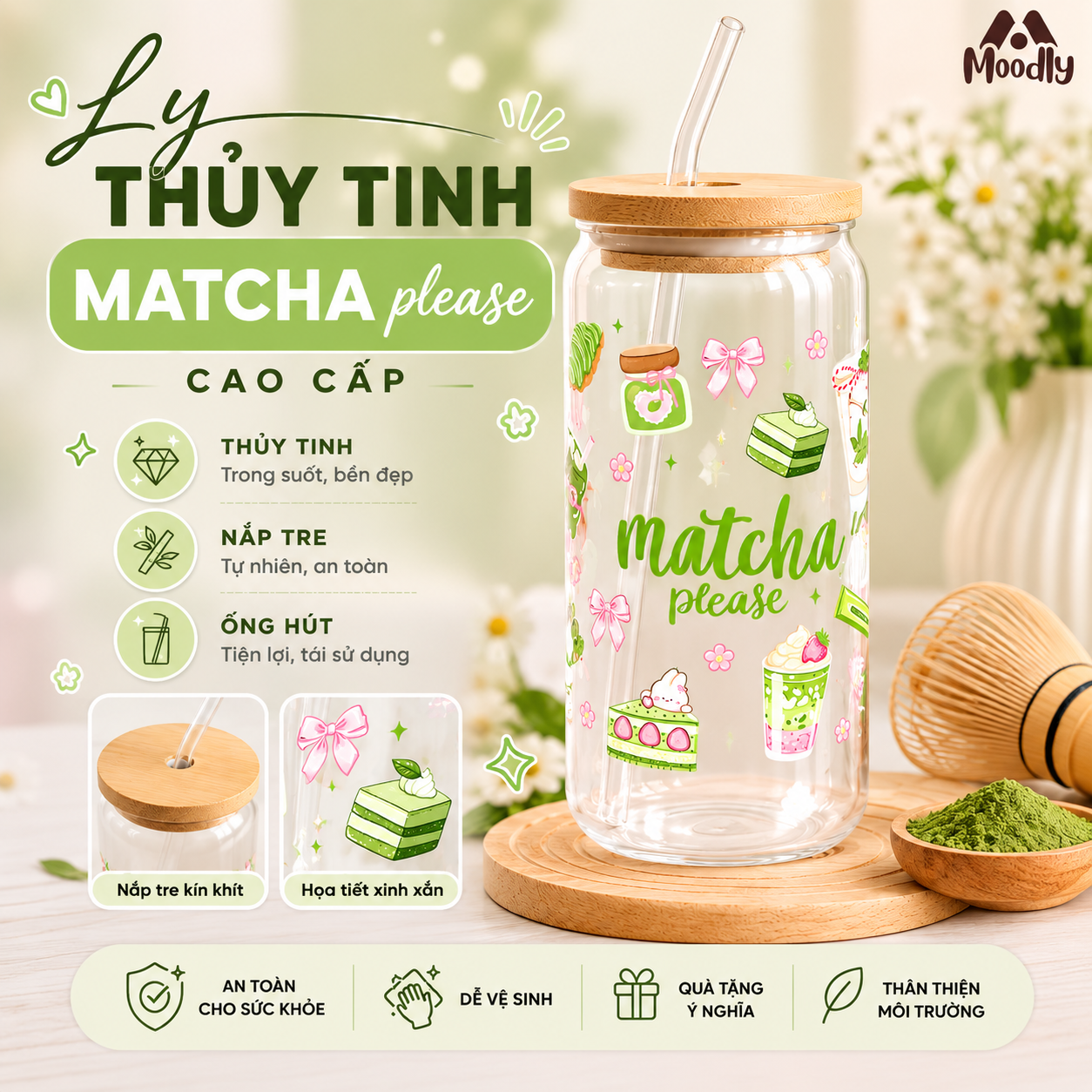 𝑴𝒐𝒐𝒅𝒍𝒚 Ly Thủy Tinh Matcha 16Oz, Cốc Thủy Tinh Chịu Nhiệt Cao Cấp Có Nắp Tre