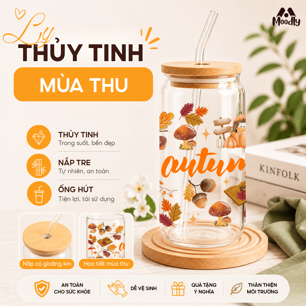 Ly Thủy Tinh MOODLY Mùa Thu 16Oz, Cốc Thủy Tinh Chịu Nhiệt Cao Cấp Có Nắp Tre