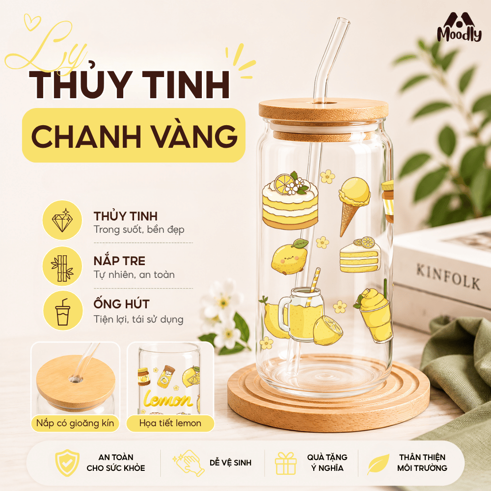 𝑴𝒐𝒐𝒅𝒍𝒚 Ly Thủy Tinh Chanh Vàng 16Oz, Cốc Thủy Tinh Chịu Nhiệt Cao Cấp Có Nắp Tre